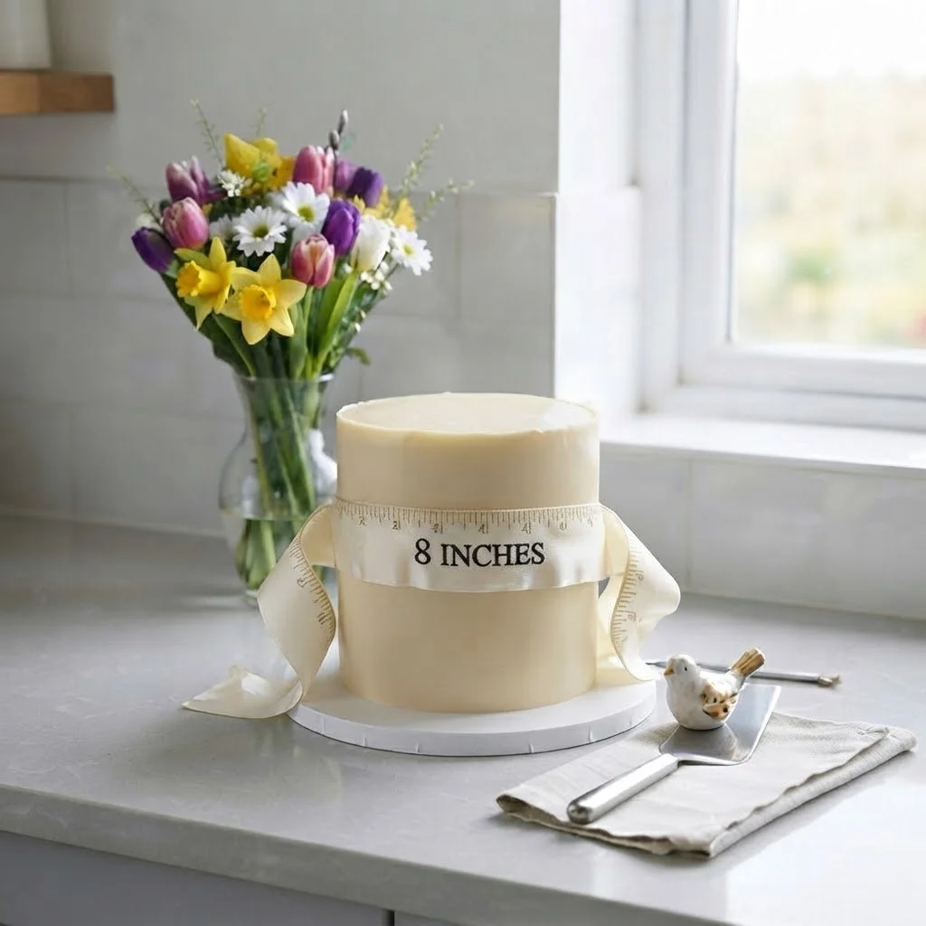 Bespoke 8-inch custom cake with a handcrafted tape measure design. Unique celebration cakes designed for birthdays, milestones, and special events.