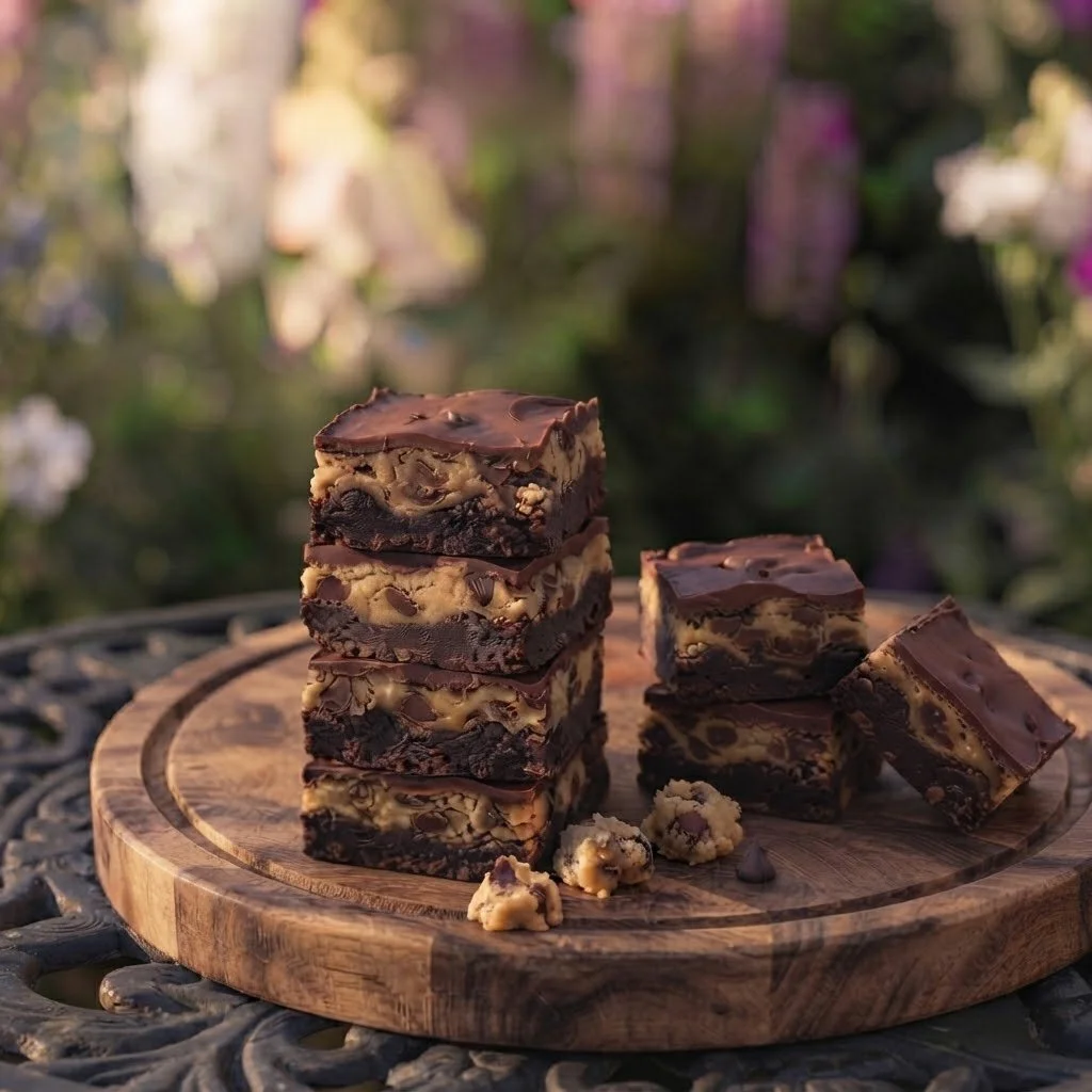 Decadent stack of chocolate and vanilla cookie dough brownies served outdoors on a wooden board. Handcrafted luxury treats designed for sweet indulgence.