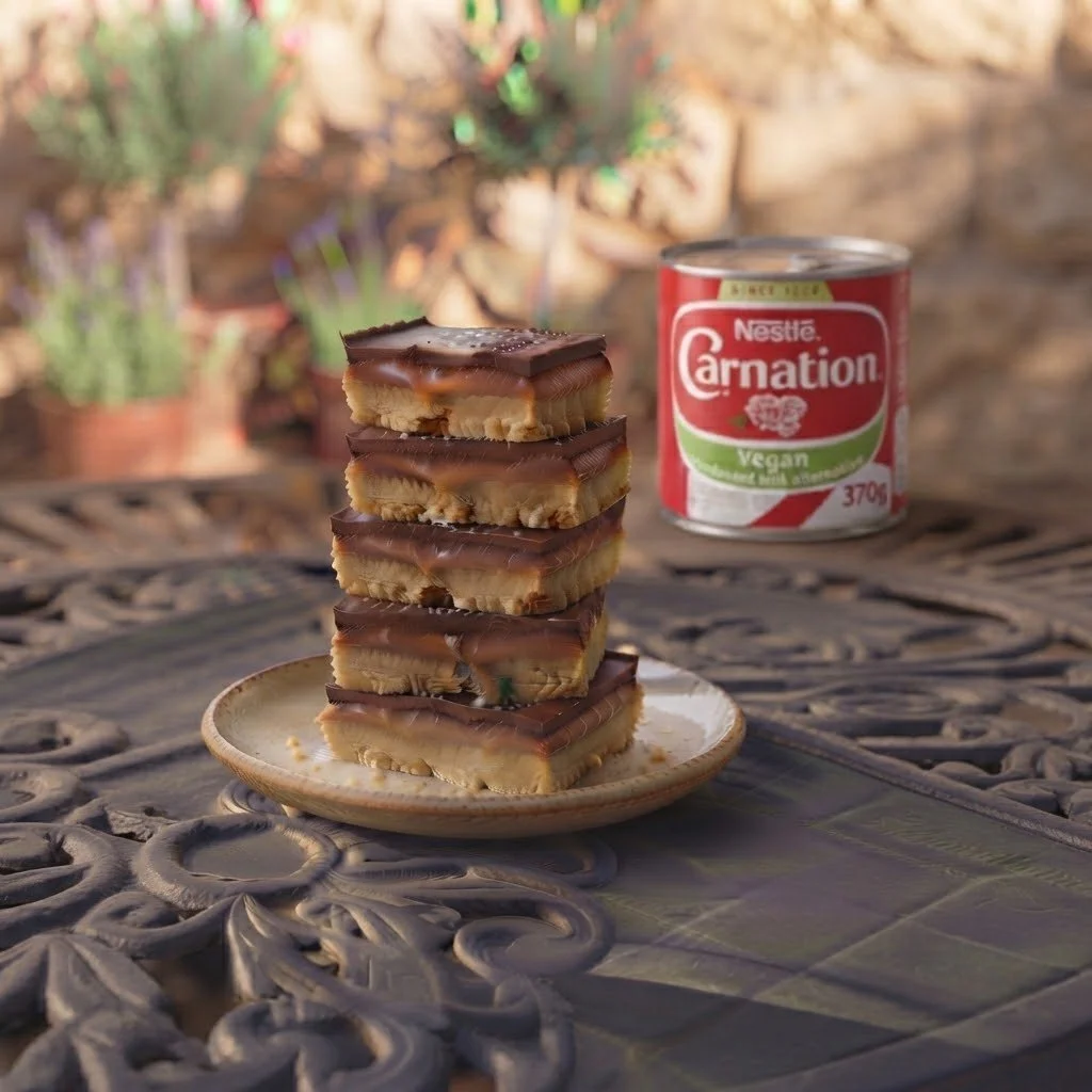 Decadent vegan peanut butter and chocolate layered bars served outdoors on a metal table. Handcrafted luxury treats designed for plant-based indulgence.