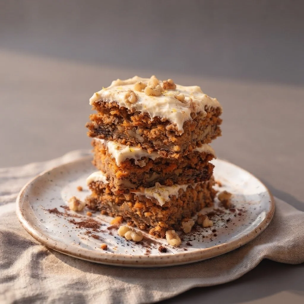 Three stacked gluten-free carrot cake bars with cream cheese frosting and chopped nuts on a ceramic plate