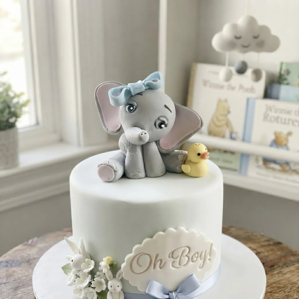 A birthday cake with an elephant topper wearing a blue bow, a yellow rubber duck, white flowers, and a sign that says "Oh Boy!" in a cozy, decorated room with children's books and a cloud-shaped plush hanging decoration.