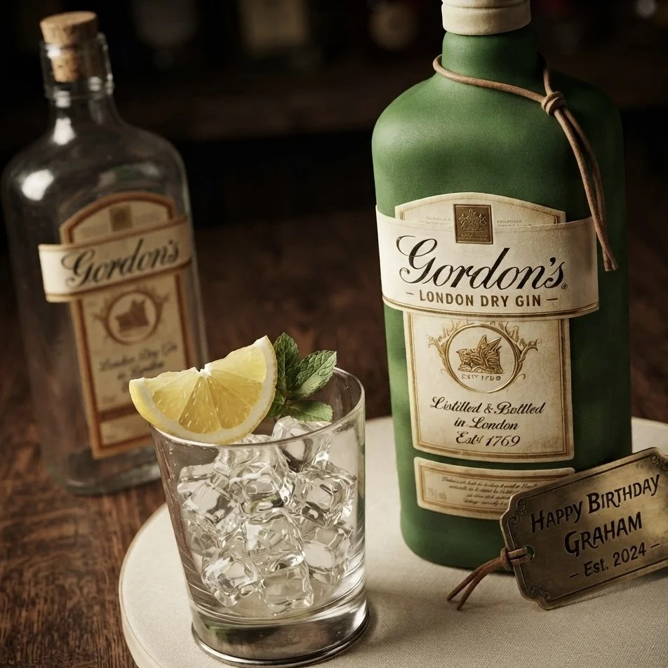 Gordon’s London Dry Gin bottle with an iced glass, lemon, mint and a birthday message for Graham