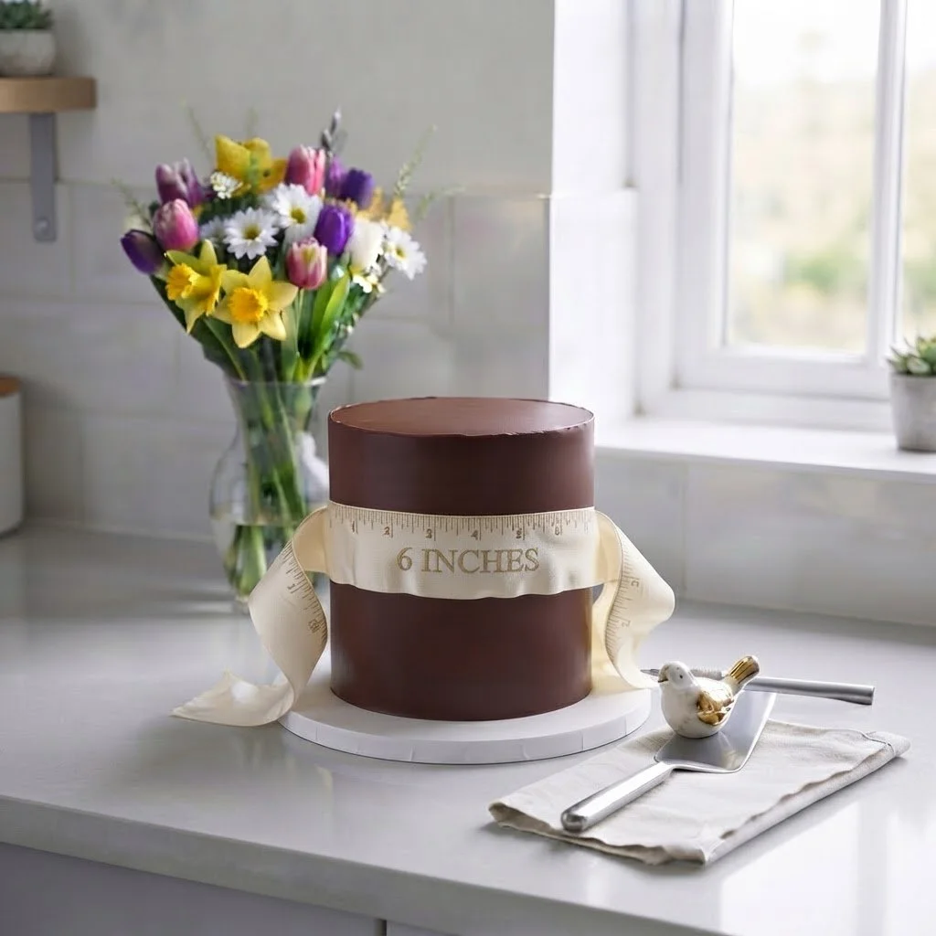 Chocolate cake on a white cake board with a measuring tape draped around it, next to a small ceramic bird figurine on a silver spatula on a white napkin, with a bouquet of colorful tulips and daisies in a glass vase on a kitchen counter near a window.