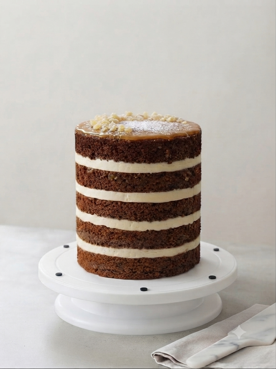 Layered chocolate cake with cream filling and caramel glaze on top, decorated with crumbled topping, on a white cake stand.