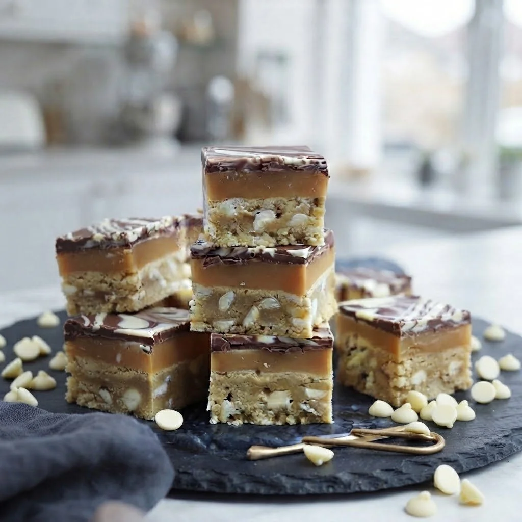 Decadent stacked caramel and chocolate millionaire blondies served on a black slate board. Handcrafted luxury treats designed for sweet indulgence.