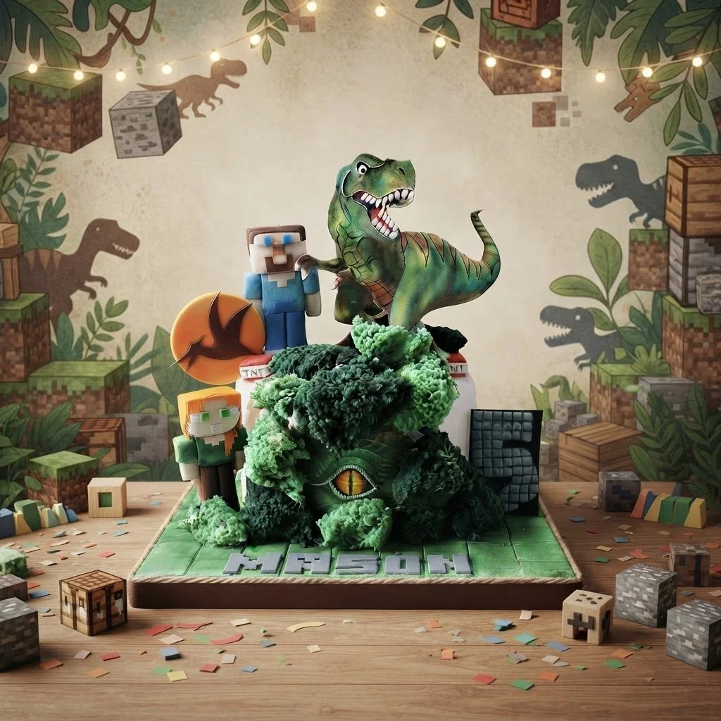 Minecraft-themed birthday party decorations with a centerpiece featuring a T-Rex, Steve, a Tnt block, a creeper, and various Minecraft blocks and scenery on a wooden table with confetti.