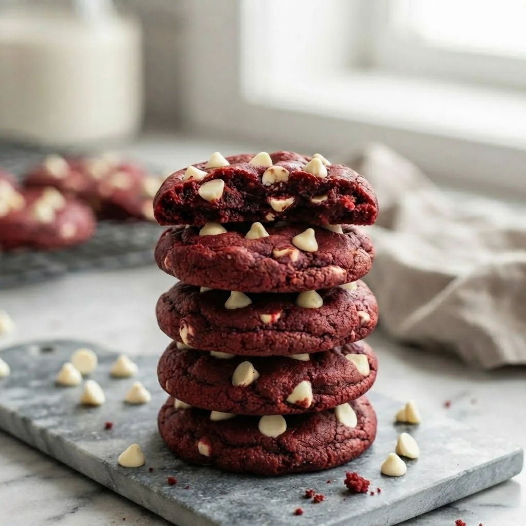 Decadent stack of five red velvet cookies with white chocolate chips on a marble surface. Handcrafted luxury treats designed for sweet indulgence.