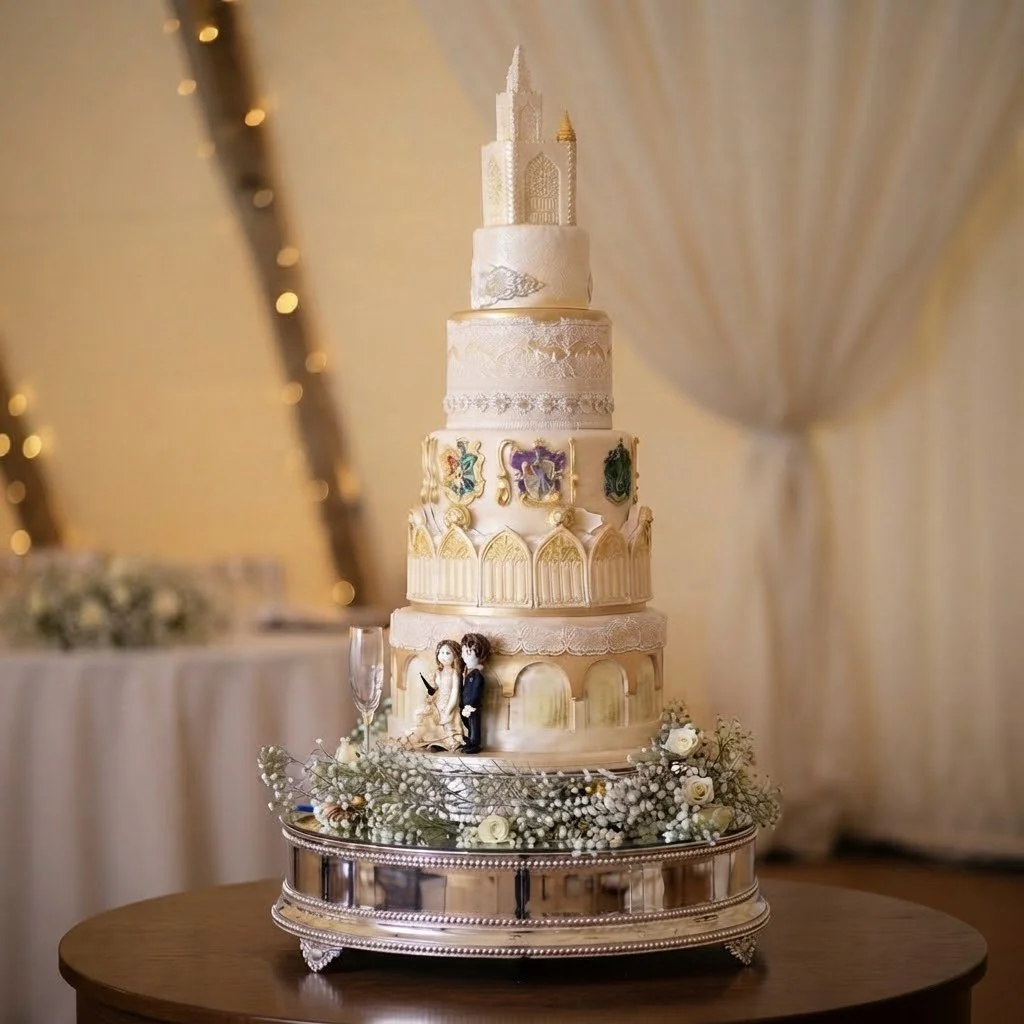 A multi-tiered wedding cake with medieval castle and fairy tale theme, decorated with intricate designs, figurines of a bride and groom, and surrounded by white flowers, on a silver cake stand.