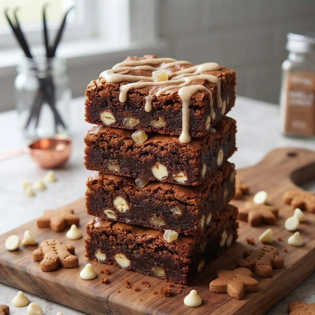 Four chocolate brownies with white chocolate chips surrounded by gingerbread cookies.