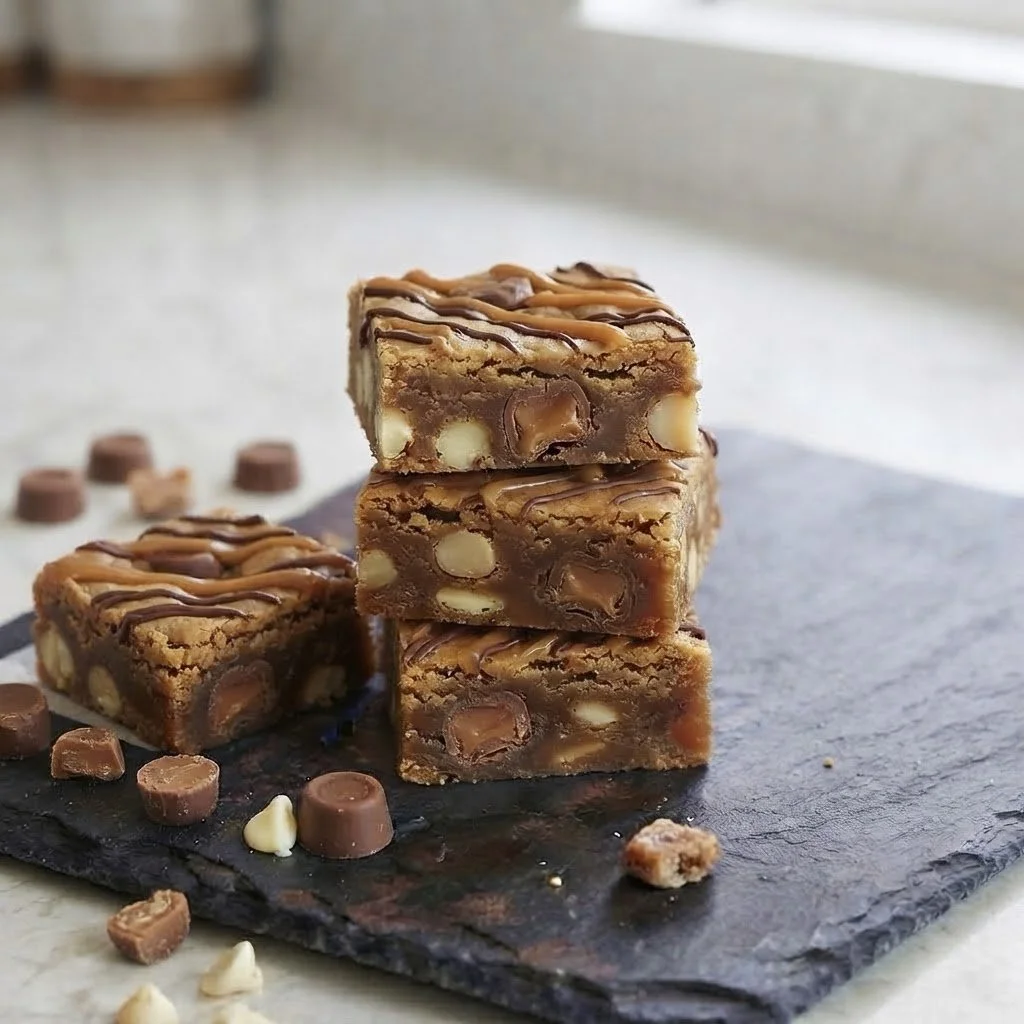 Decadent stacked chocolate and white chocolate chip brownie bars served on a slate board. Handcrafted luxury treats designed for sweet indulgence.