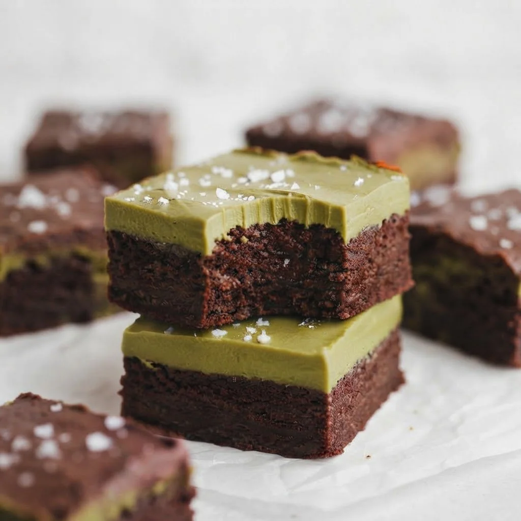 Decadent vegan avocado brownie squares with green frosting and sea salt on parchment paper. Handcrafted luxury treats designed for healthy indulgence.