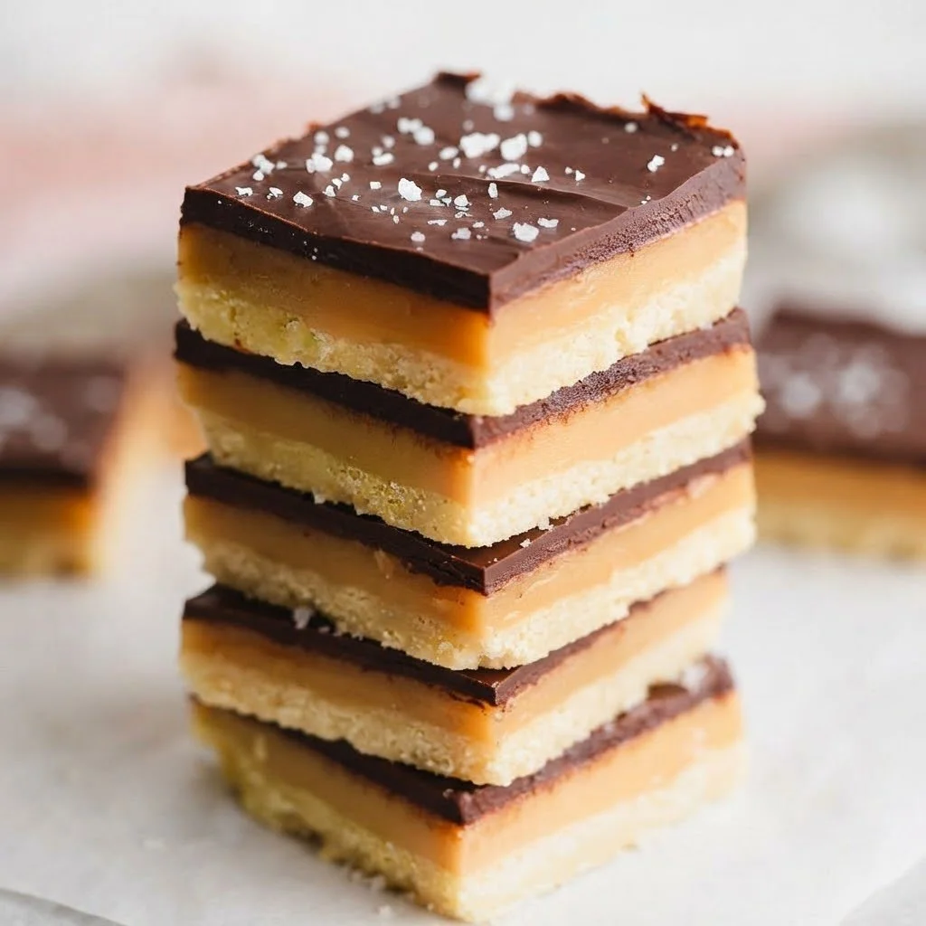 A stack of millionaire’s shortbread with layers of caramel and chocolate, topped with sea salt