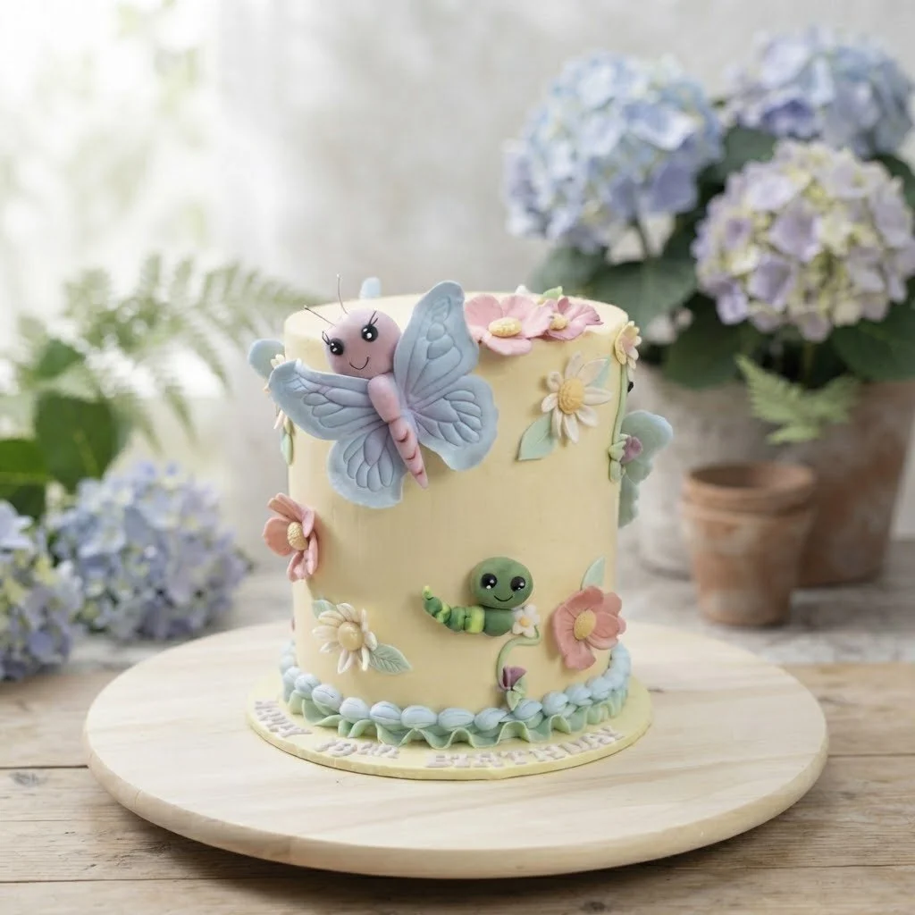 A cake decorated with a butterfly, caterpillar, and flowers, placed on a wooden board with flowers in the background.