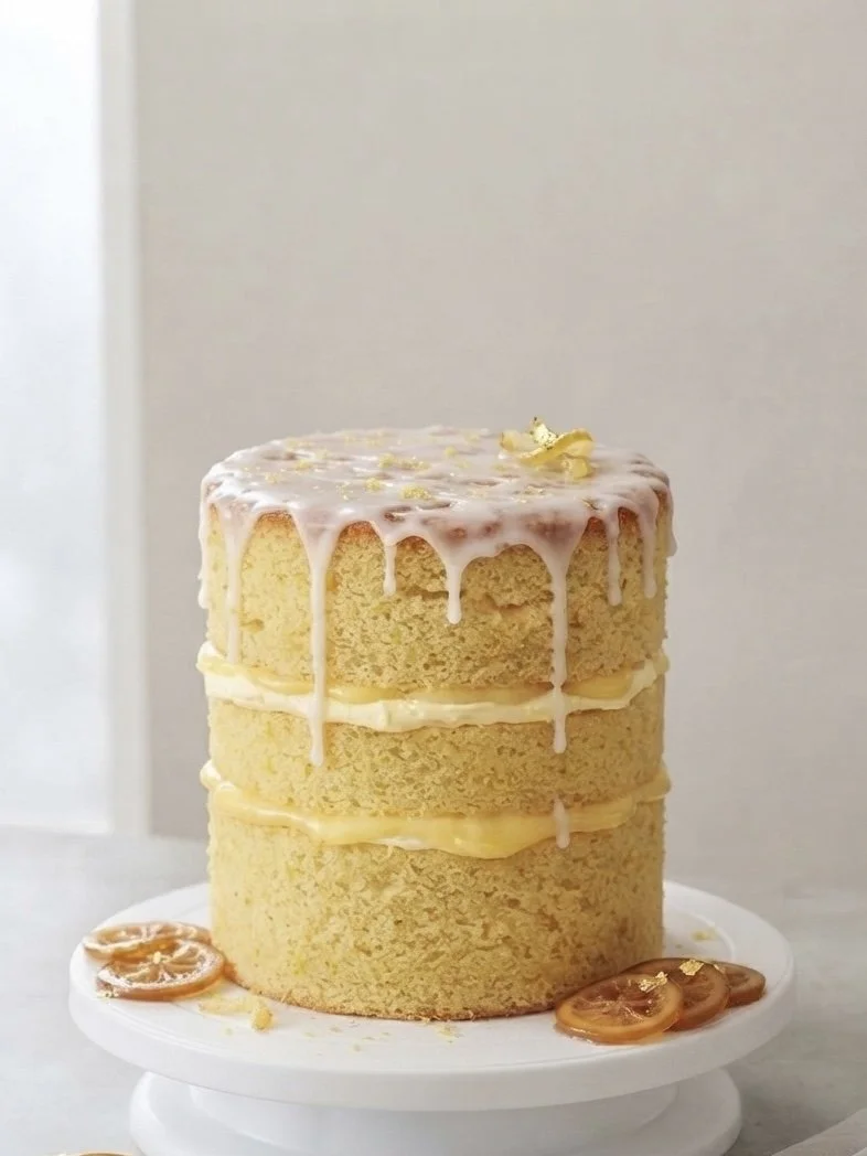 A three-layer cake with yellow sponge and cream filling, topped with white glaze and a gold leaf decoration, garnished with sliced caramel candies around the base.