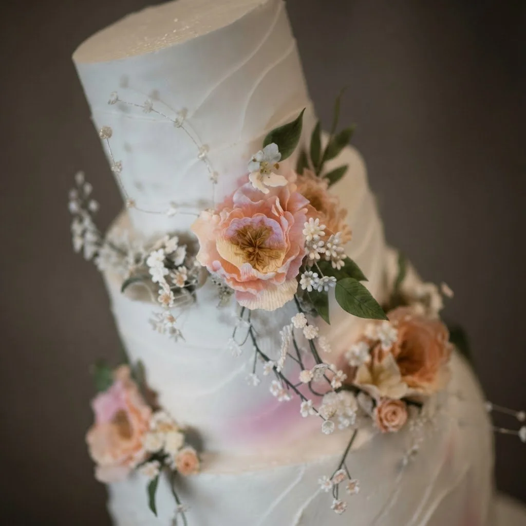 Elegant multi-tiered white wedding cake decorated with pink and peach blooms and foliage. Handcrafted luxury wedding cakes designed for romantic celebrations.