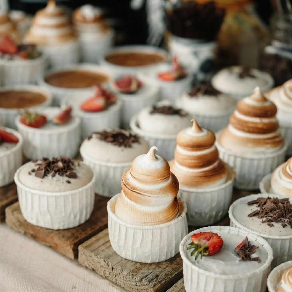 Assorted baked desserts in small white ramekins, featuring strawberries, chocolate shavings, and toasted marshmallows, displayed on wooden boards.