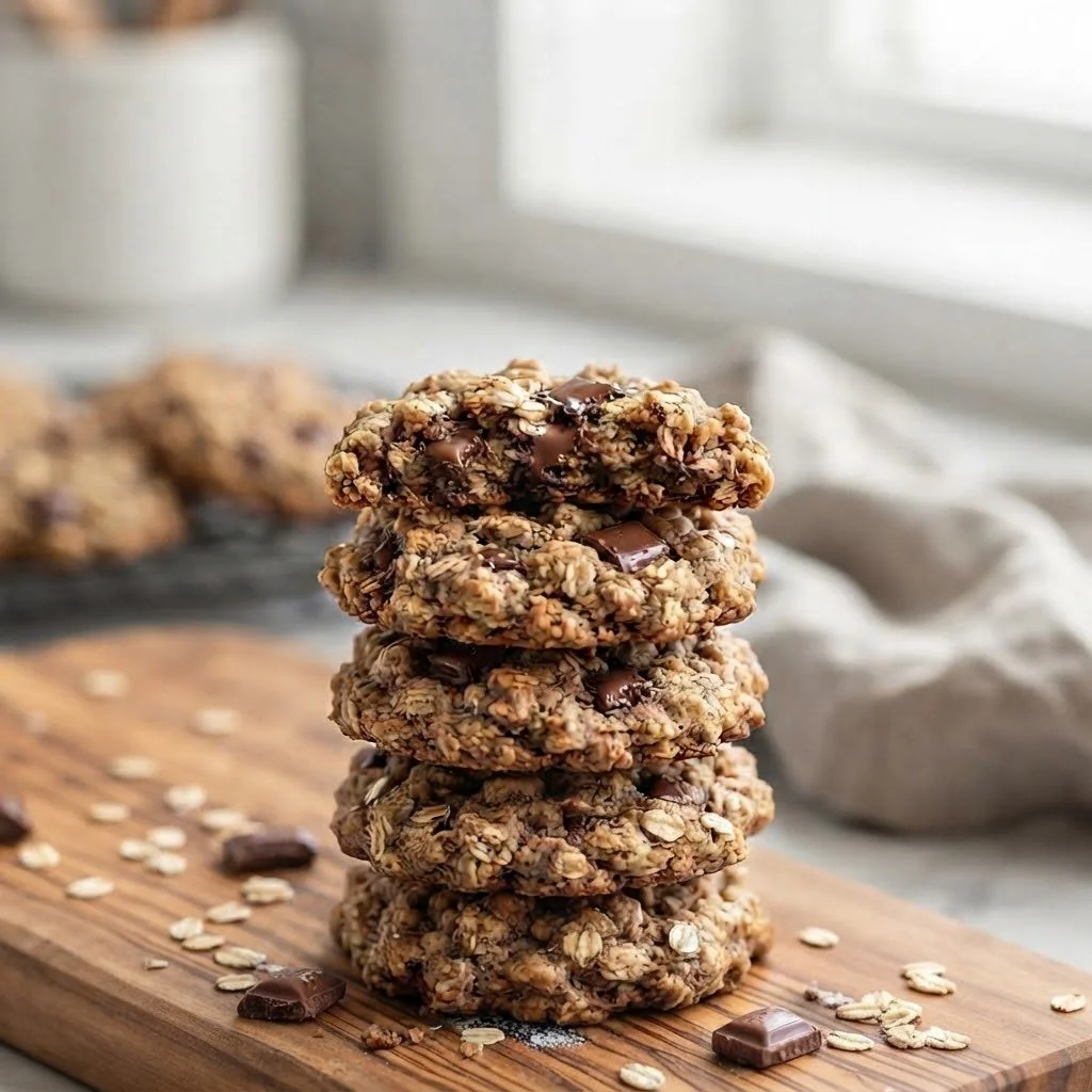 Stack of five homemade chocolate hobnobs with chocolate chunks on a wooden cutting board, with oats and chocolate pieces nearby