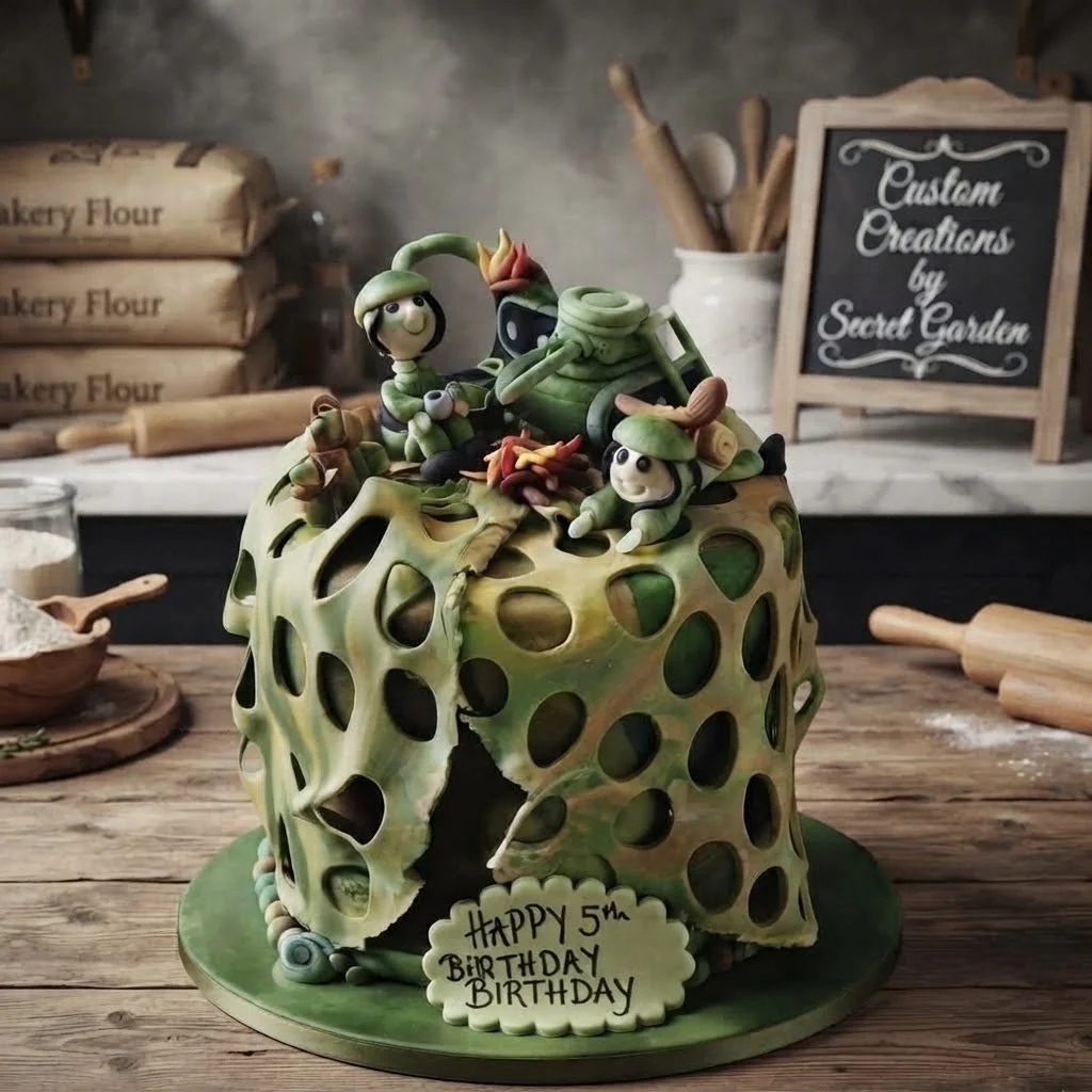A cake decorated with a large green leaf-like design, topped with figurines of cartoonish creatures with large eyes, in a rustic kitchen setting. There is a small sign on the cake that says "Happy 5th Birthday."