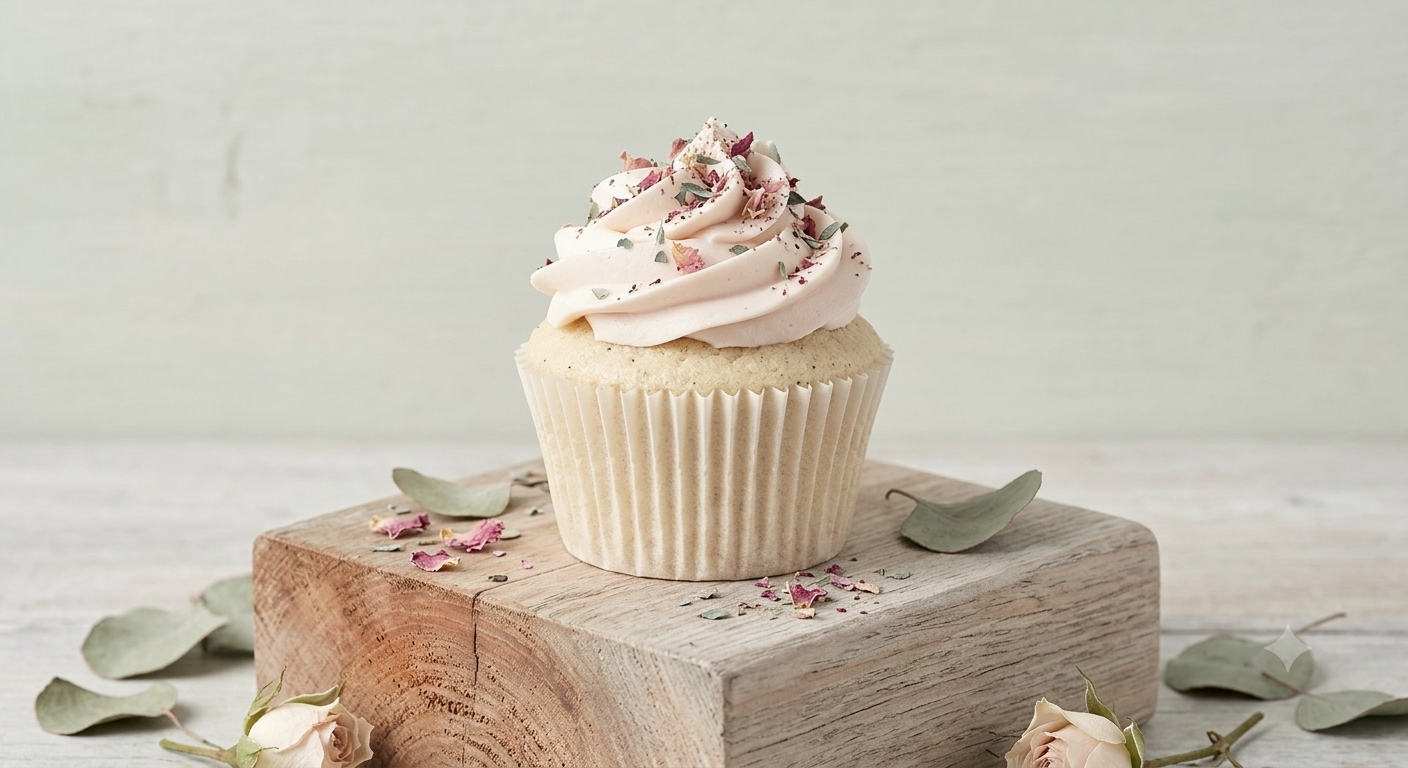 Cupcake with pink frosting, sprinkles, and edible decorations on a wooden block, surrounded by scattered eucalyptus leaves and flower petals.