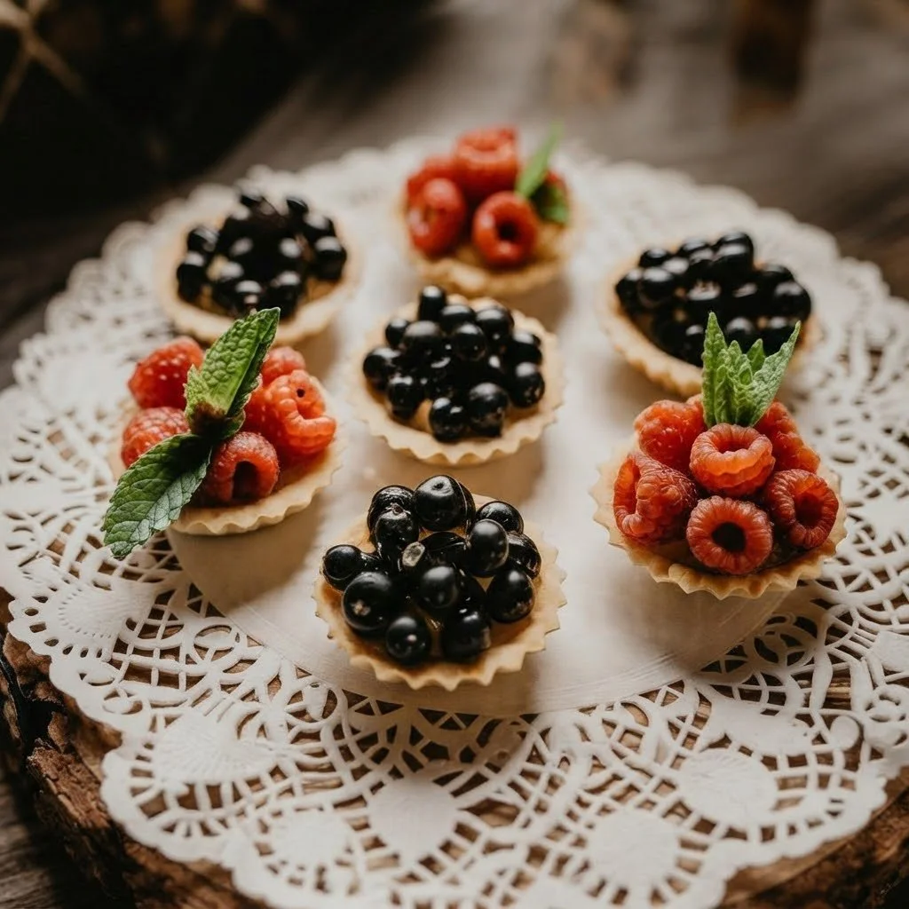 Assorted fresh berry tarts topped with raspberries, blackberries, and blueberries. Handcrafted artisanal tarts and desserts for special events.