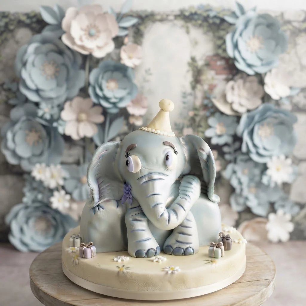 A cake shaped like a cute, cartoon elephant with a party hat, sitting on a base with small gift boxes and flowers, with a backdrop of large paper flowers in blue, white, and cream colors.