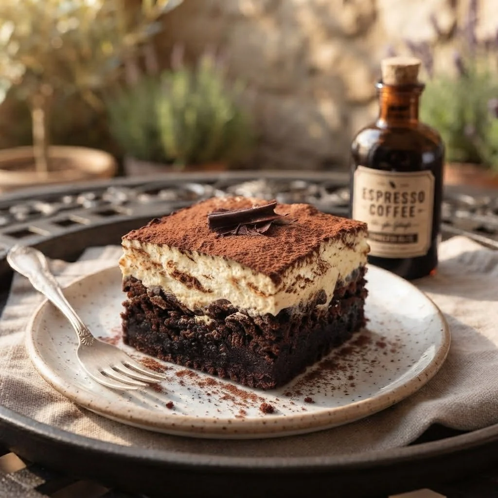 Decadent tiramisu brownie slice topped with cocoa powder and chocolate shavings in a garden. Handcrafted luxury treats designed for sweet indulgence.