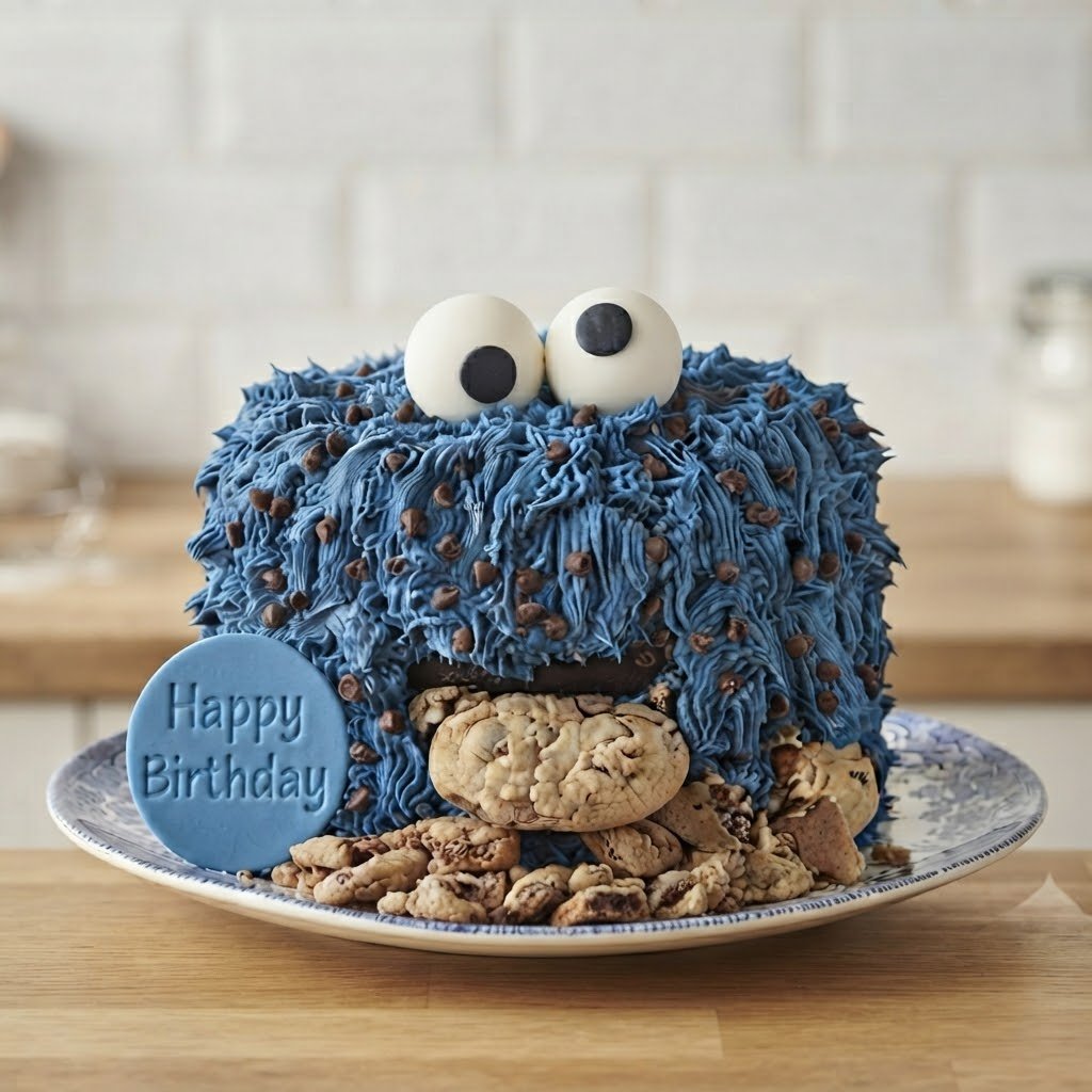 A cake decorated to look like Sesame Street's cookie monster, with blue frosting, chocolate chip decorations, and cookie accents, topped with two eyeballs, on a birthday plate with a "Happy Birthday" cookie.