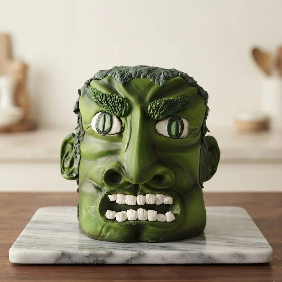 A sculpture of a green face with exaggerated features, including highly detailed eyebrows, nose, and mouth showing teeth, with eyes that appear to have digital or cartoon eyes inside.
