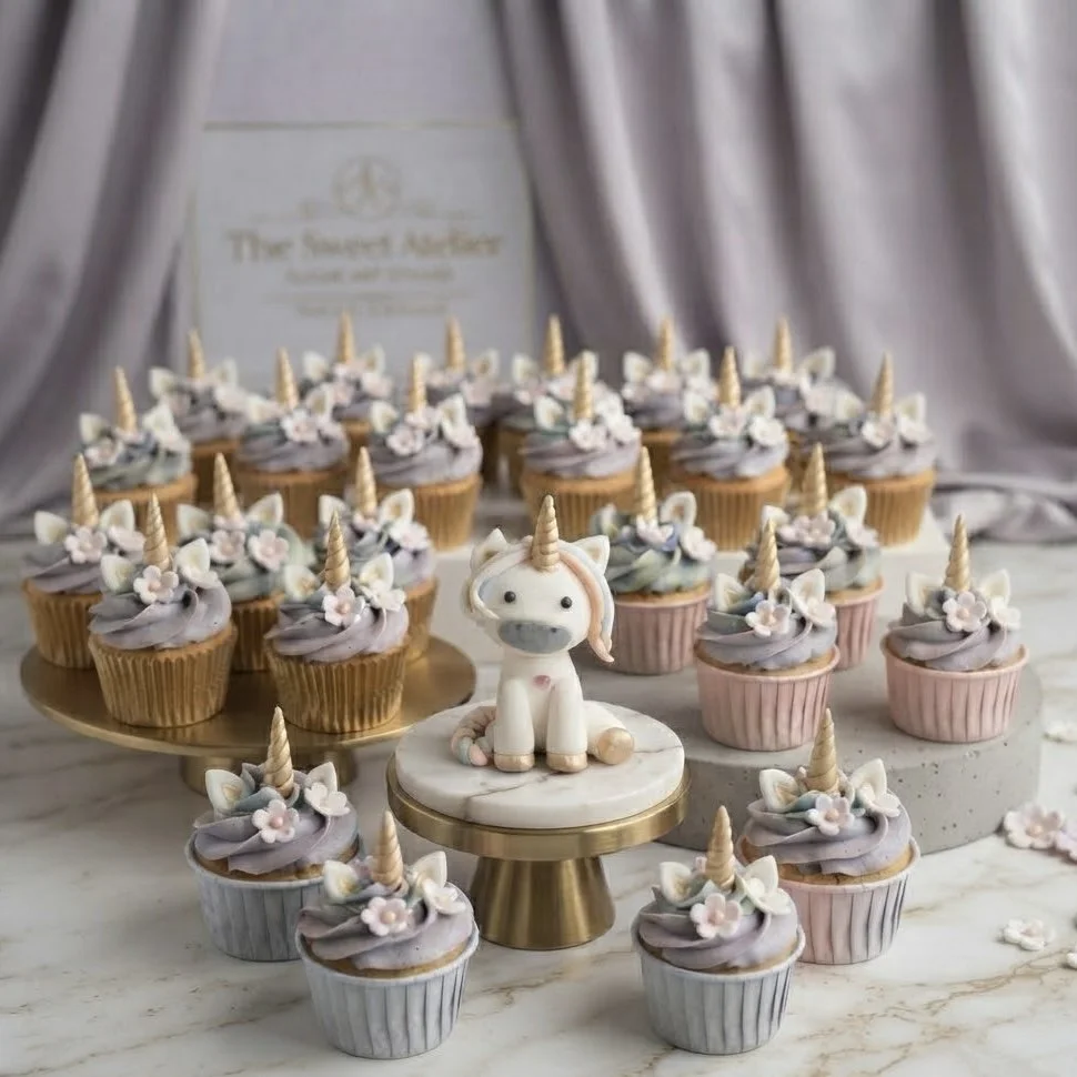 Enchanting purple unicorn cupcakes with flowers displayed on elegant stands around a unicorn topper. Handcrafted bespoke treats for magical parties.