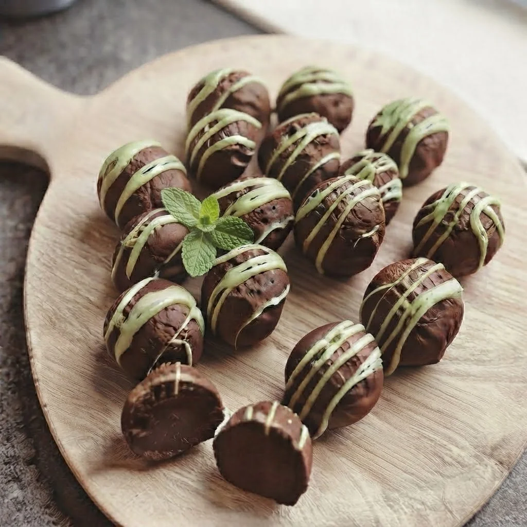 Mint-flavoured chocolate truffles drizzled with mint-green chocolate and arranged on a wooden platter with a sprig of mint.
