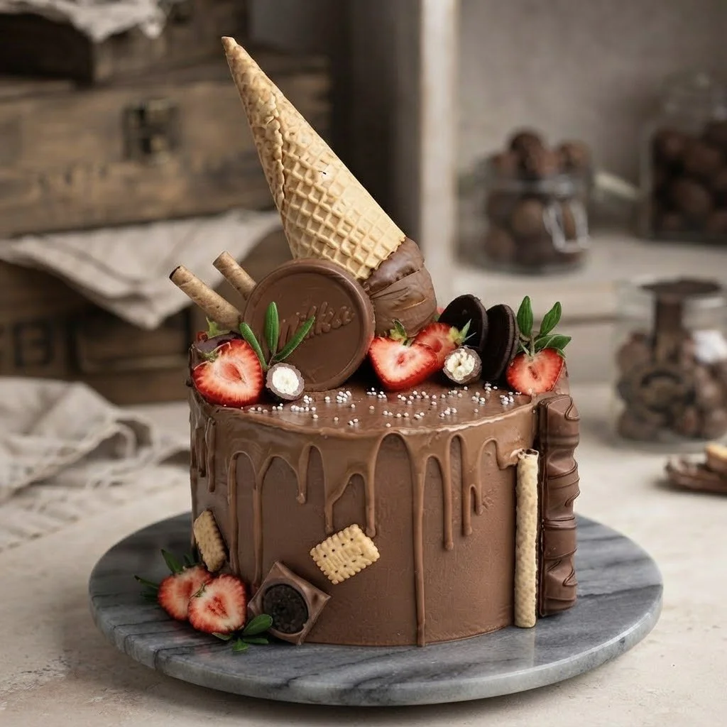 A decadent chocolate cake decorated with strawberries, Oreos, wafer rolls and an ice cream cone, finished with dripping chocolate icing, sprinkles and marble elegance.
