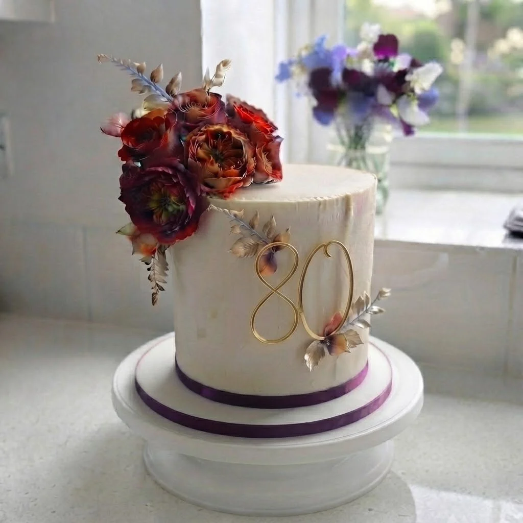 A white birthday cake decorated with purple and beige flowers, with a gold number "80" decoration on the front, sits on a white cake stand near a window with a view of the outdoors.