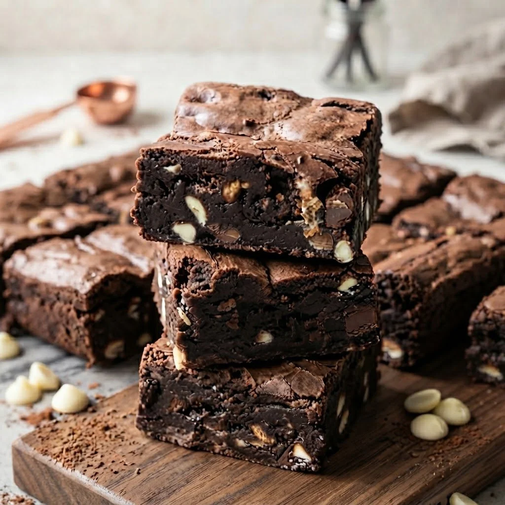Decadent stack of three chocolate brownie bars with white chocolate chips on a wooden board. Handcrafted luxury treats designed for sweet indulgence