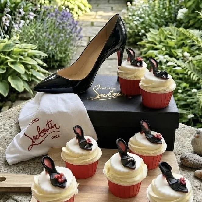 Stylish black stiletto shoe with red sole set amongst matching shoe topped cupcakes on wood. Handcrafted bespoke treats designed for chic celebrations.