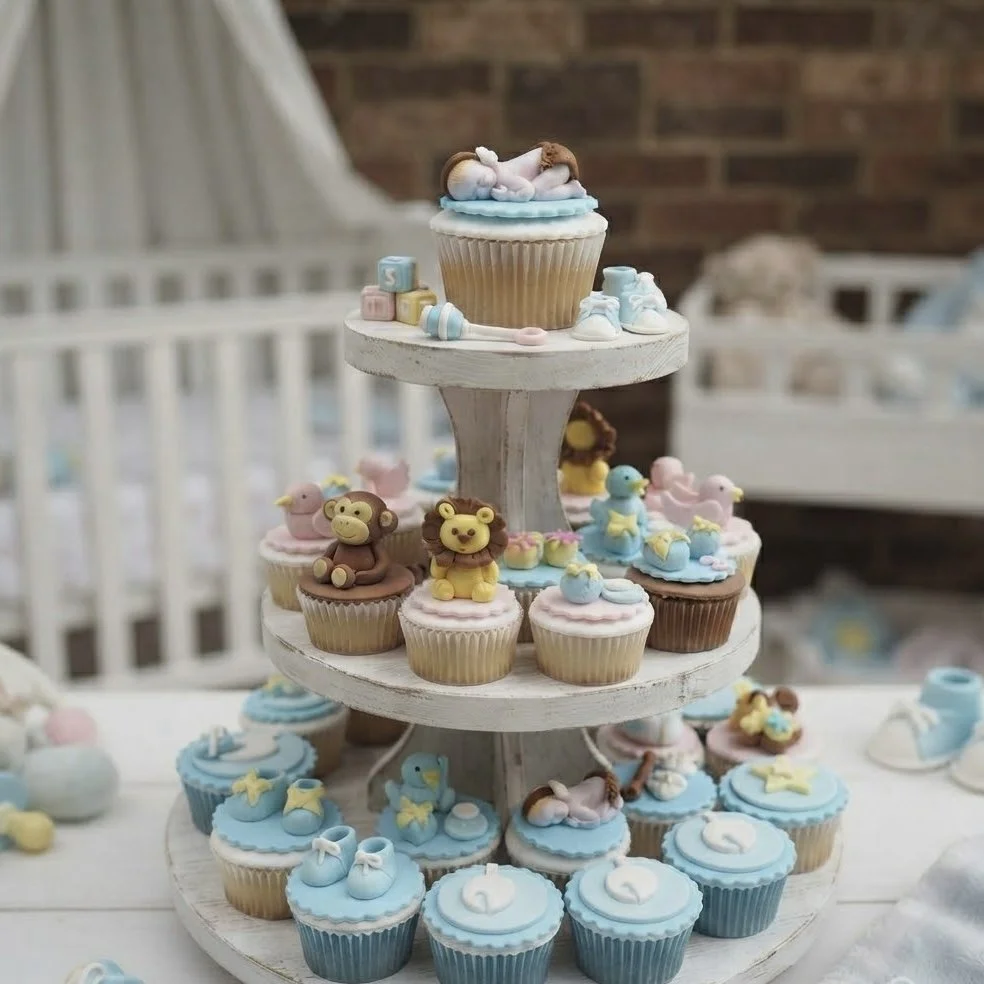 Charming baby shower cupcakes featuring animal toppers, blocks, and booties on a tiered tray. Handcrafted bespoke treats designed for special celebrations.