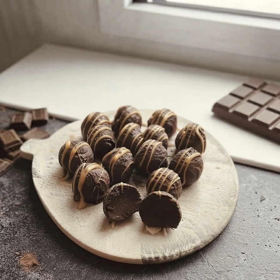 Round chocolate truffles decorated with caramel-colored drizzle on a white textured plate with broken chocolate pieces in the background.