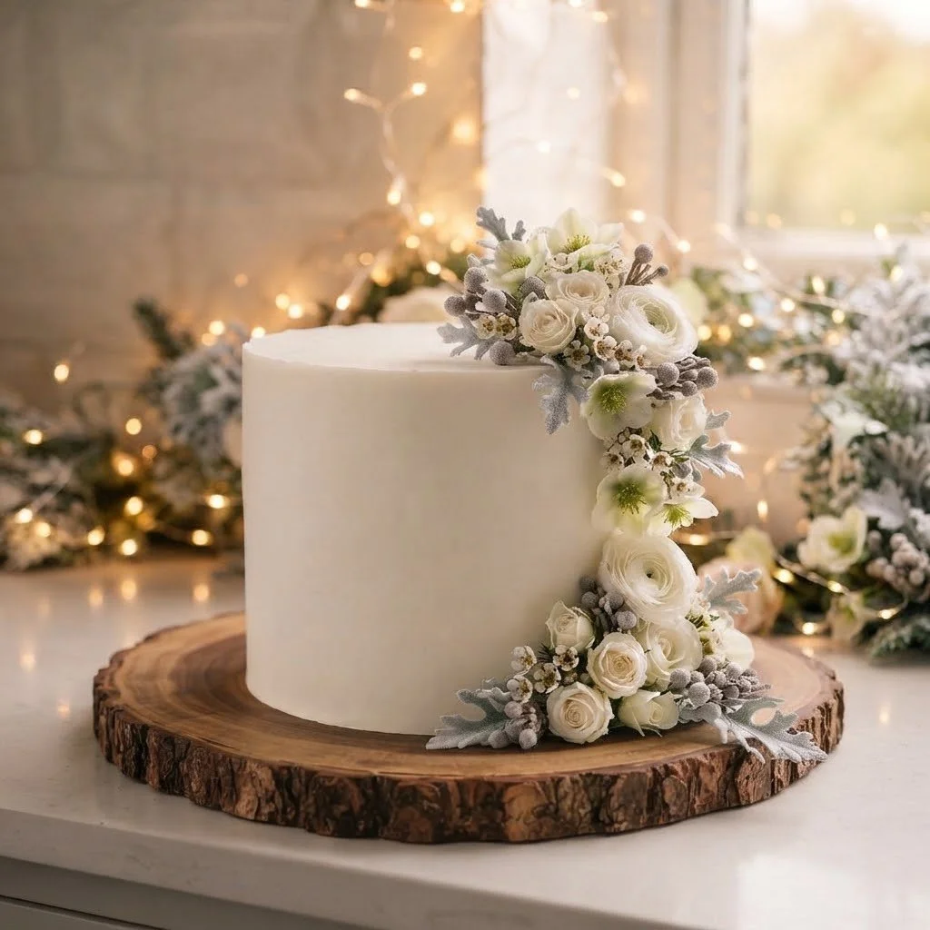 White wedding cake decorated with white flowers and gray leaves, on a wooden cake stand, with holiday lights and greenery in the background.