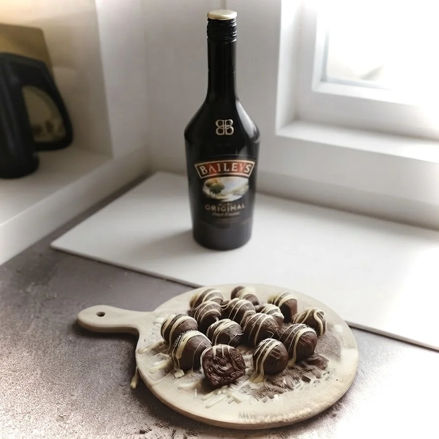 Chocolate truffles on a wooden serving board in front of a bottle of Baileys Irish Cream on a kitchen counter near a window.