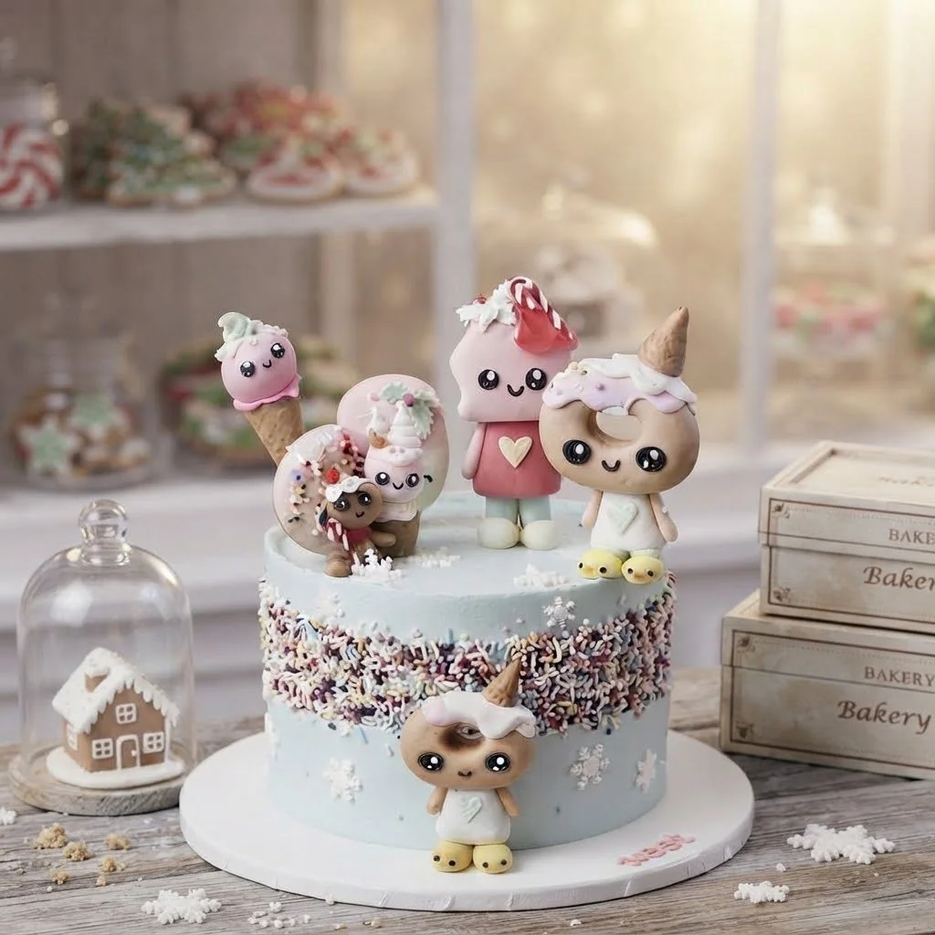 A pastel-colored cake decorated with cute unicorn and ice cream character toppers, sprinkles, and snowflake decorations, with bakery boxes and a glass dome with a gingerbread house in the background.