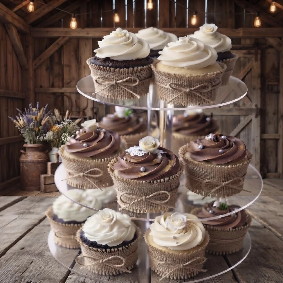 Delicious white and chocolate frosted cupcakes on a tiered stand in a rustic wooden barn. Handcrafted bespoke treats perfect for country celebrations.