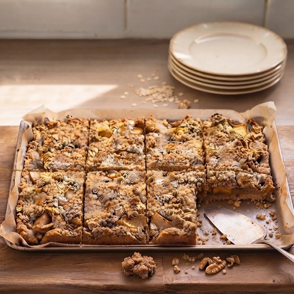 tray of apple crumble traybake bars with fruit on parchment paper, with stacked plates in the background.
