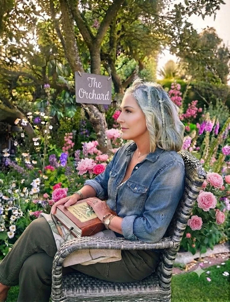 Woman with grayish blonde hair reading a book while sitting on a wicker chair in a garden with pink, purple, and white flowers, and a sign that reads "The Orchard" hanging on a tree.