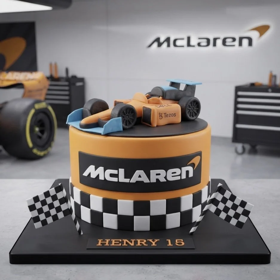 A race car-themed cake with a McLaren Formula 1 car on top, decorated in orange, black, and blue, with checkered flags and a plaque reading 'Henry 15', in a McLaren garage.