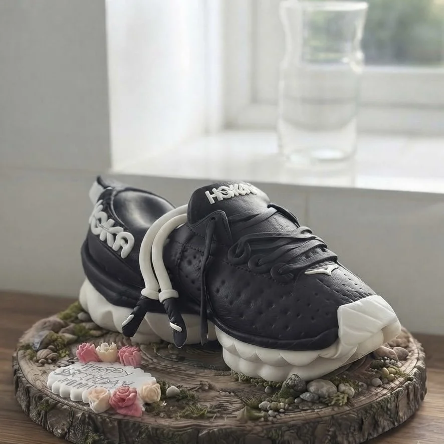 A cake designed to look like a black and white athletic sneaker on a wooden base, with small decorative flowers and a message plaque surrounding it.