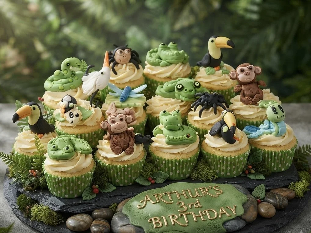A birthday cake decorated with animal-themed cupcake toppers, including frogs, toucans, monkeys, pandas, and flamingos, with a birthday message that reads "Arthur's 3rd Birthday." The cupcakes are on a black platter surrounded by decorative leaves, moss, and stones.