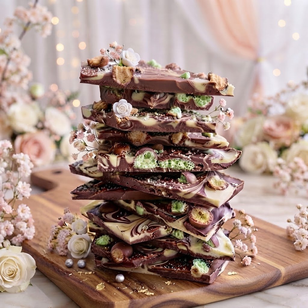 Stack of decorative chocolate bark with various toppings on a wooden board, surrounded by pink and white flowers.