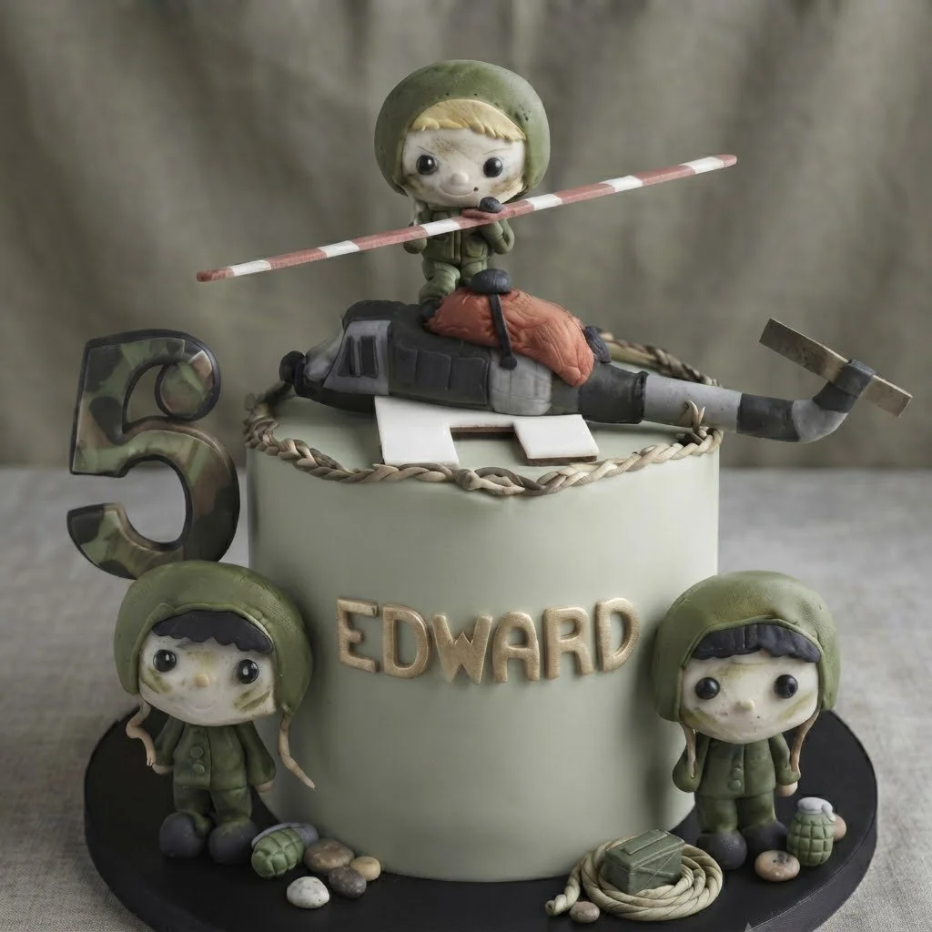 A military-themed cake decorated with soldiers, a tank, a large number 5, and the name Edward. The cake features detailed fondant figures of soldiers in helmets, a tank with a camouflage pattern, and various military accessories like grenades and rope. The cake is on a black base with decorative rocks.