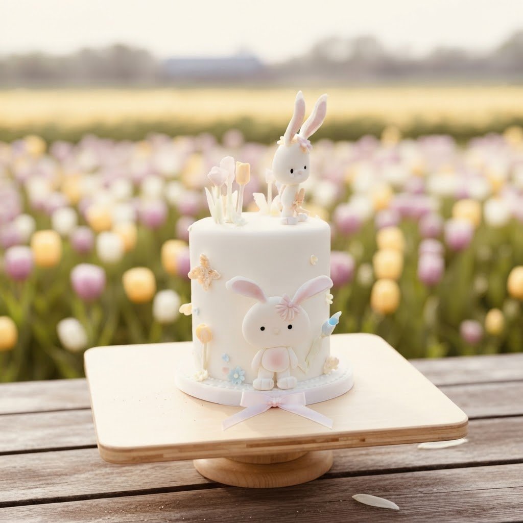 White cake with bunny decorations on top, placed on a wooden table outdoors, with a blurred field of tulips in the background.