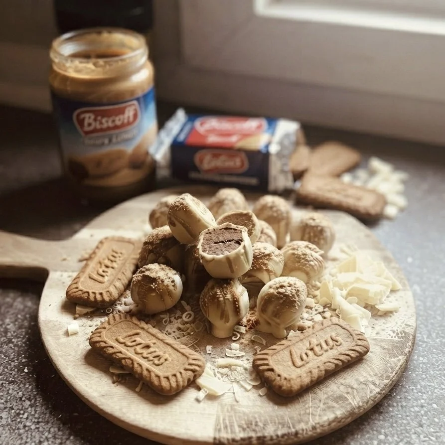 Assorted Lotus Biscoff cookies, white chocolates, and a jar of biscoff on a wooden board, with some snack packages in the background.