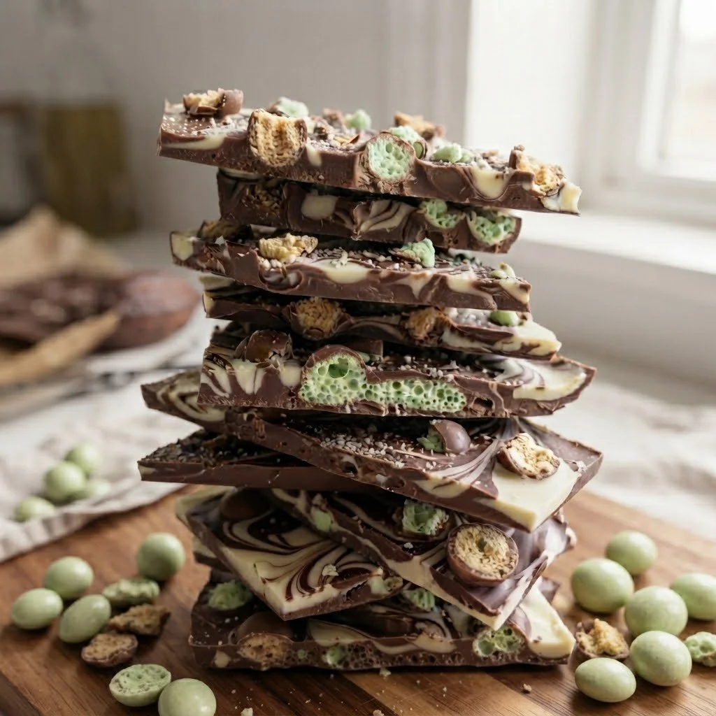 Stack of assorted chocolate bark with green meringue cookies and crunchy toppings on a wooden cutting board near a window.
